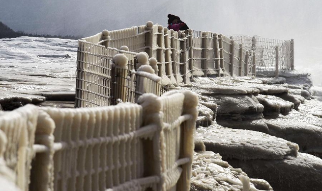 Breathtaking winter scenery of Hukou Waterfall